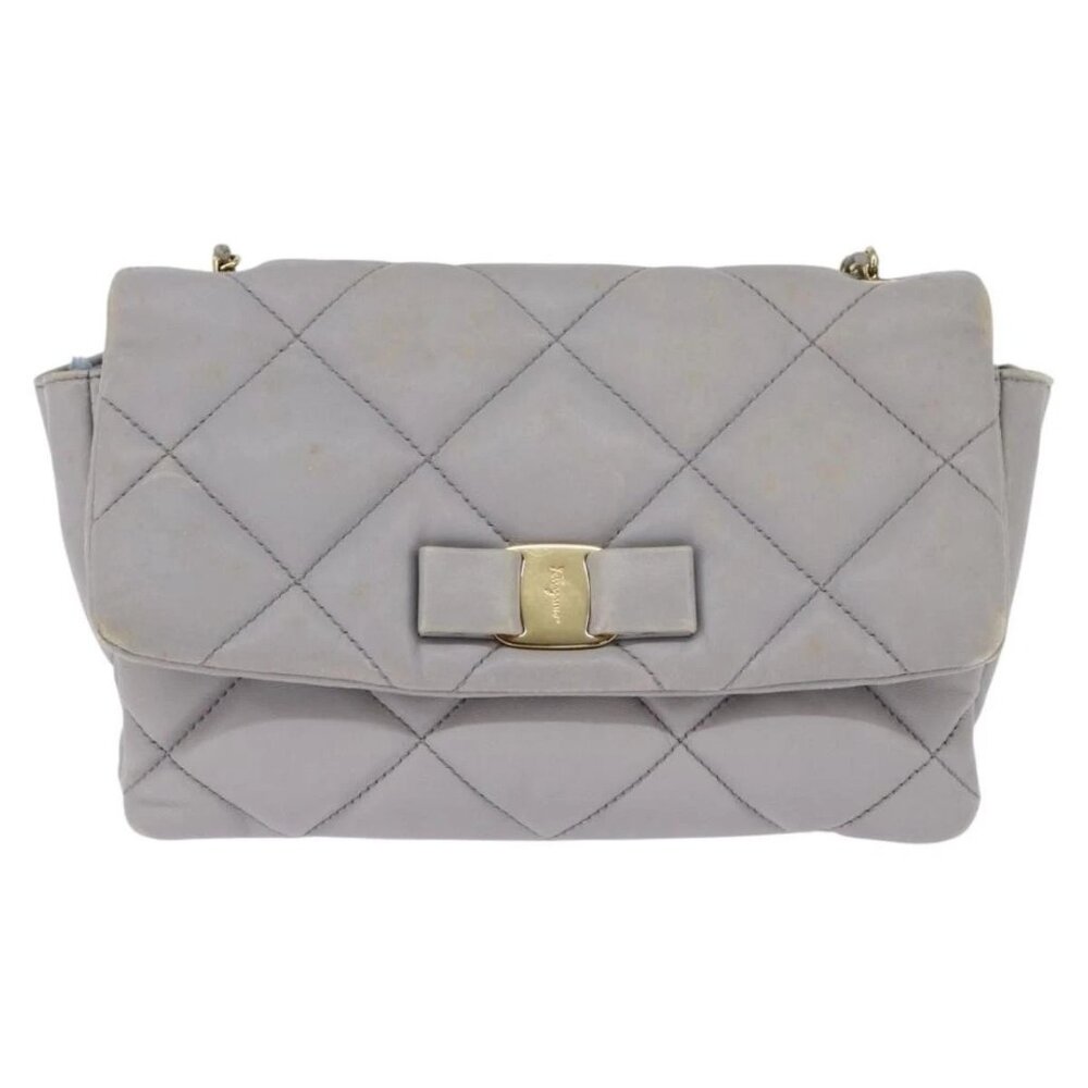 Salvatore Ferragamo Chain Vala Shoulder Bag Leather Gray Gold Auth 147515 - Picture 14 of 16